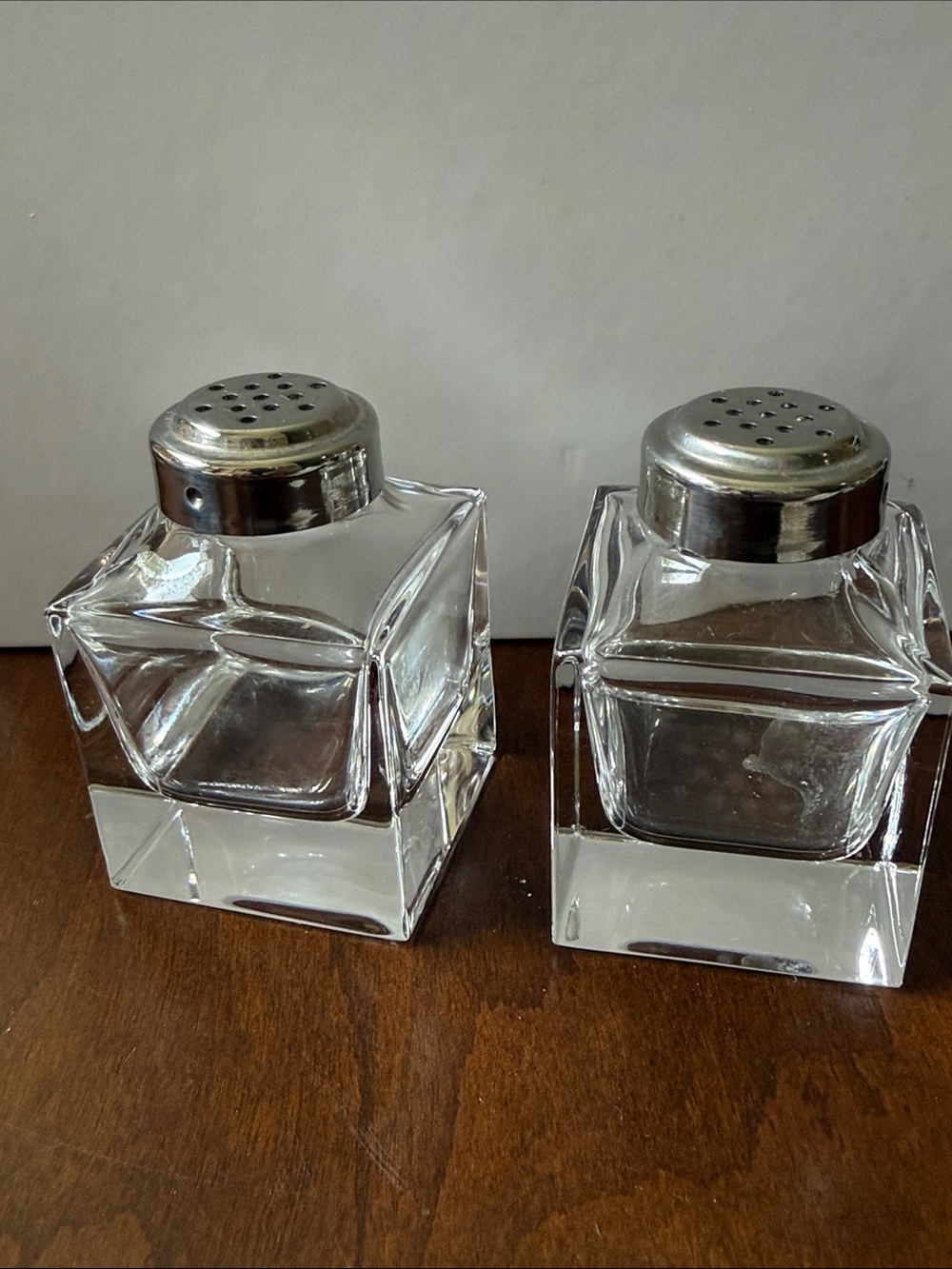 Square clear pressed crystal Salt and Pepper Shakers with Silver Tops